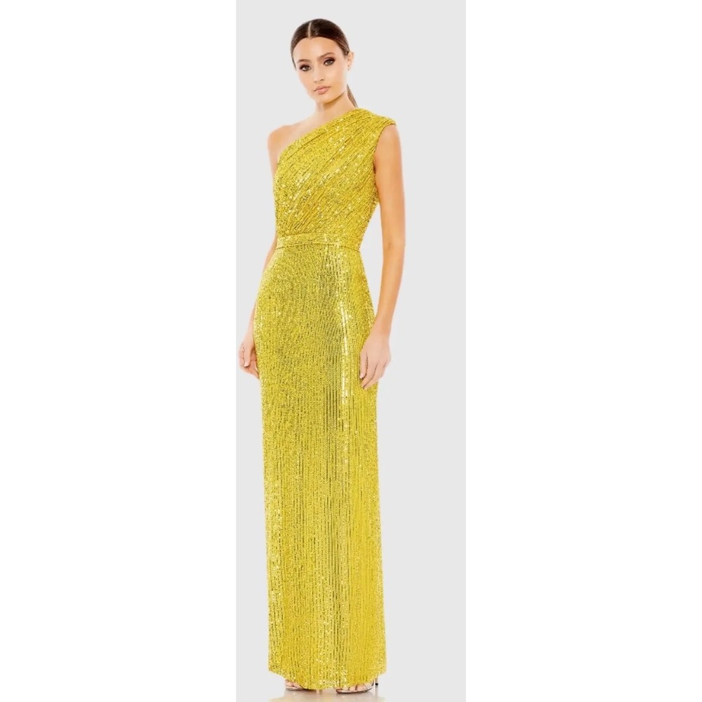 Ieena for Mac Duggal Yellow Sequin One Shoulder Gown Dress 26694 Size 2 NWT